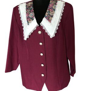 80s Burgundy Blazer with Prairie Lace Collar: Vintage Unlined Jacket, Size 22W